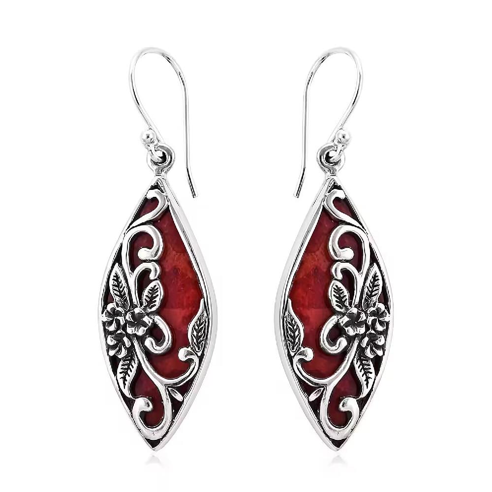 Bali Legacy Sponge Coral Dangle Drop Earrings in Sterling Silver Carved Flower Earrings Silver Jewelry For Women