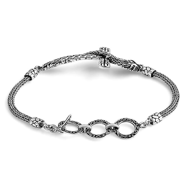 Bali Legacy Sterling Silver Tulang Naga Chain Dragon Cross Bracelet (6.50-8.0In) 12.40 Grams