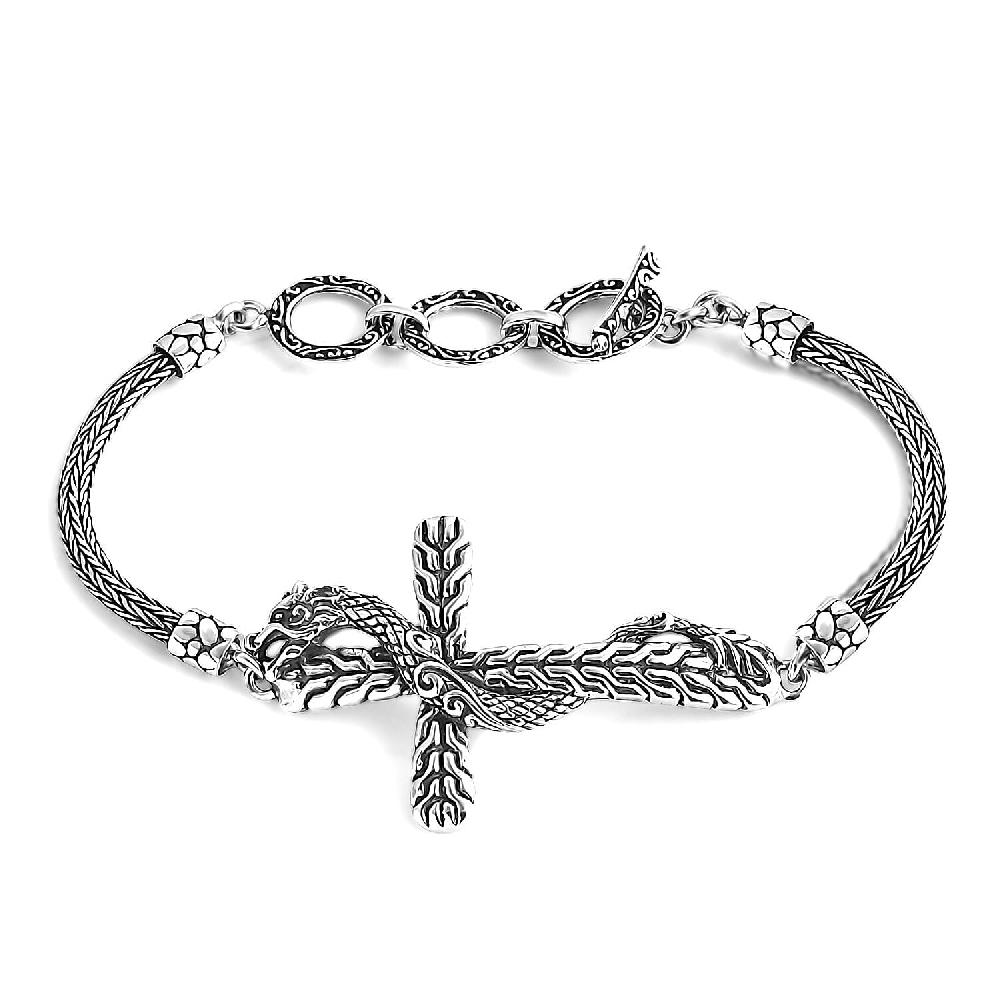 Bali Legacy Sterling Silver Tulang Naga Chain Dragon Cross Bracelet (6.50-8.0In) 12.40 Grams
