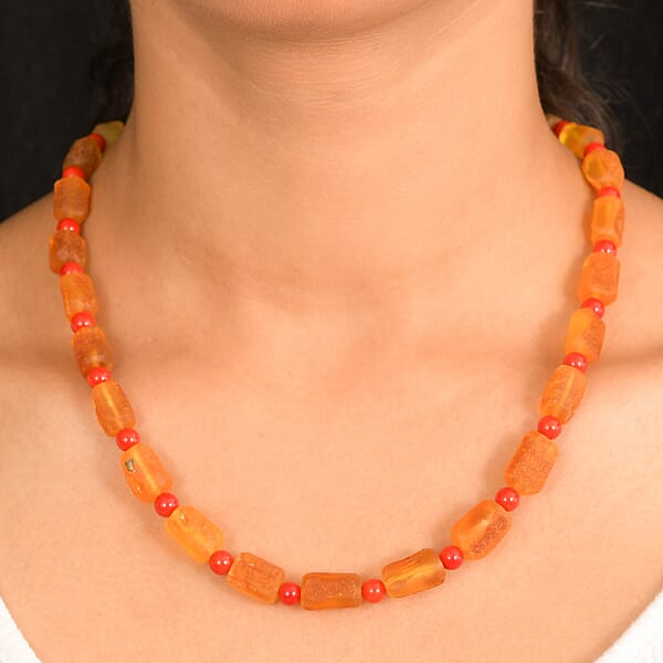 Baltic Amber And Coral Necklace In Platinum Bond 20 Inches
