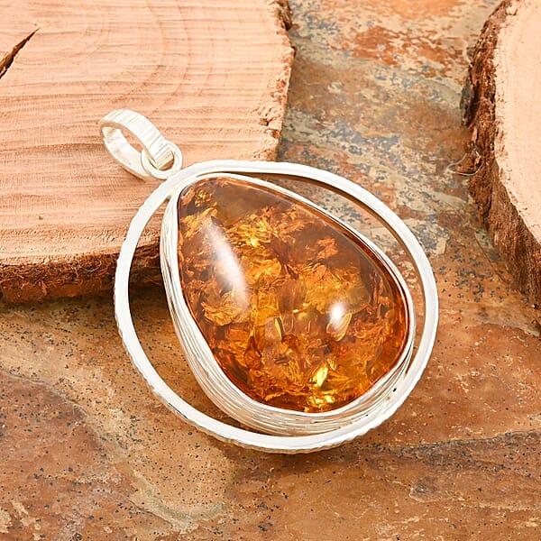 Baltic Amber Drop Shape Designer Pendant Without Chain In Sterling Silver