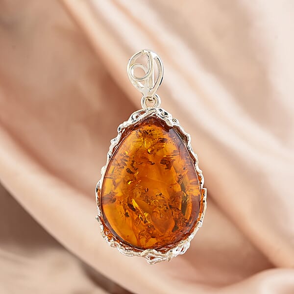 Baltic Amber Drop Shape Designer Pendant Without Chain In Sterling Silver