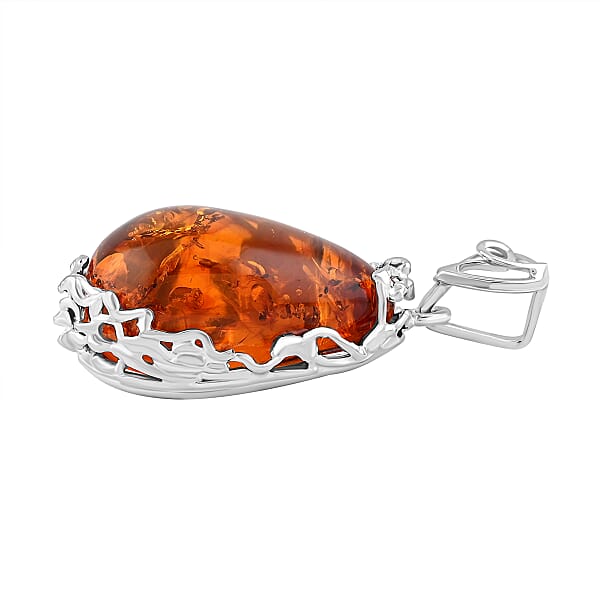 Baltic Amber Drop Shape Designer Pendant Without Chain In Sterling Silver