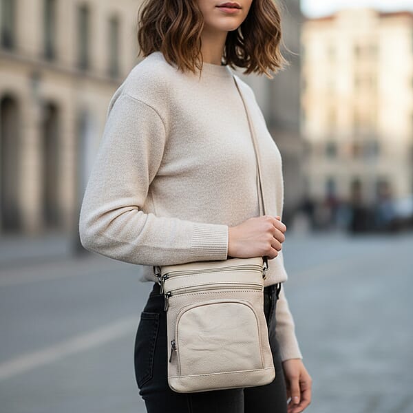 Beige Cow Leather Crossbody Bag With Faux Leather Trim