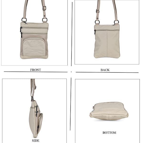 Beige Cow Leather Crossbody Bag With Faux Leather Trim