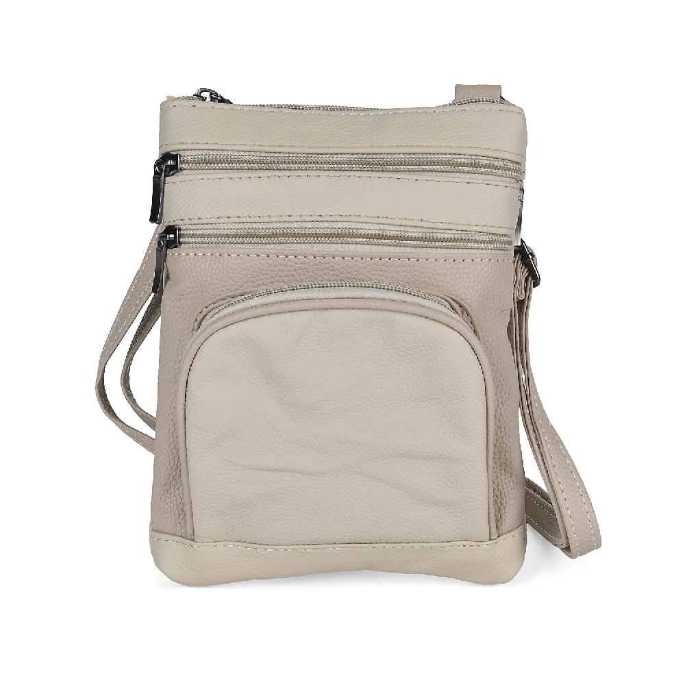 Beige Cow Leather Crossbody Bag with Faux Leather Trim