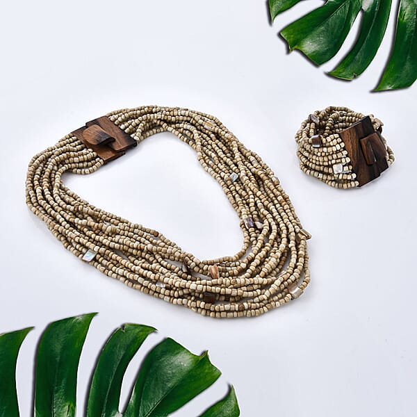 Beige Seed Beaded And Shell Wooden Buckle Bracelet (8in) And Multi Strand Necklace 19 Inches