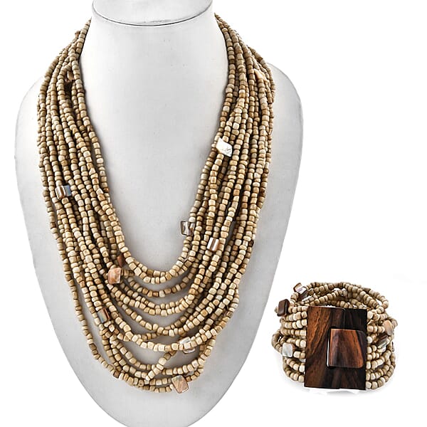 Beige Seed Beaded And Shell Wooden Buckle Bracelet (8in) And Multi Strand Necklace 19 Inches