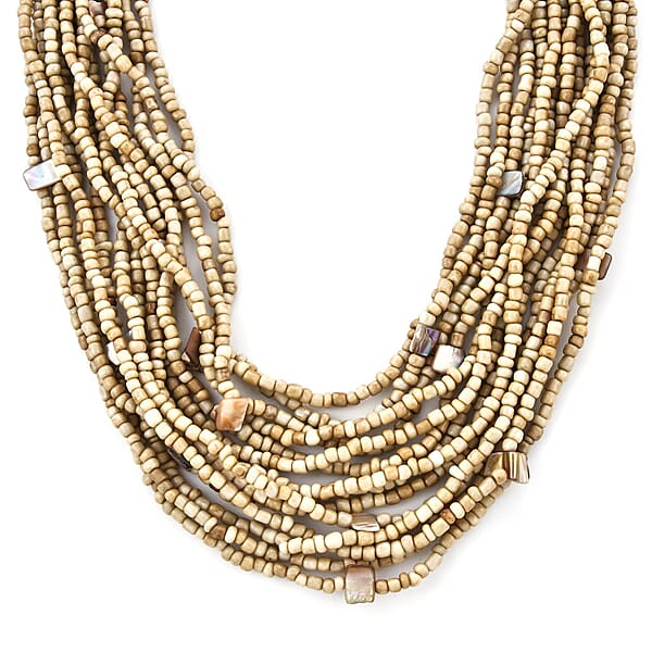 Beige Seed Beaded And Shell Wooden Buckle Bracelet (8in) And Multi Strand Necklace 19 Inches