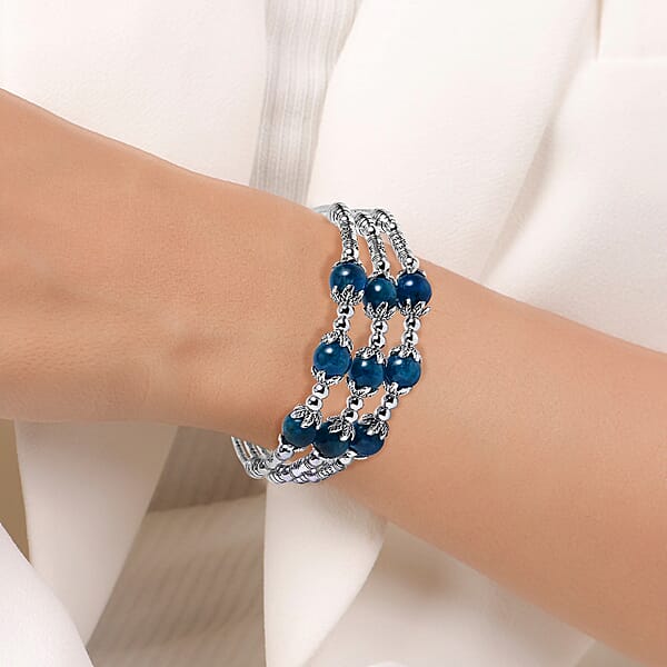 Betroka Blue Apatite 68.50 Ctw 3 Row Station Bracelet In Silvertone (7-9In)