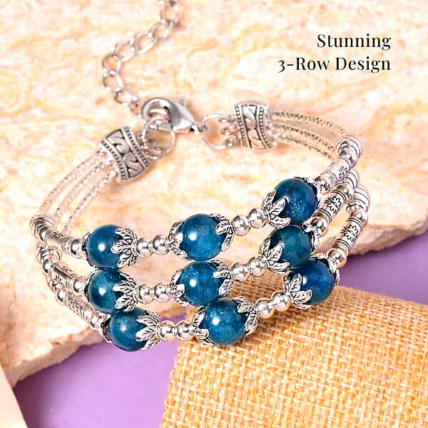 Betroka Blue Apatite 68.50 Ctw 3 Row Station Bracelet In Silvertone (7-9In)