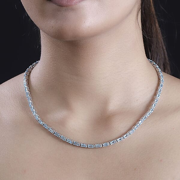 Betroka Blue Apatite And White Zircon 20.25 Ctw Aqua Flow Necklace In Rhodium Over Sterling Silver 18 Inches