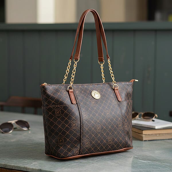 Beverly Hills Polo Club Brown Logo & Link Pattern Vegan Leather Shoulder Bag