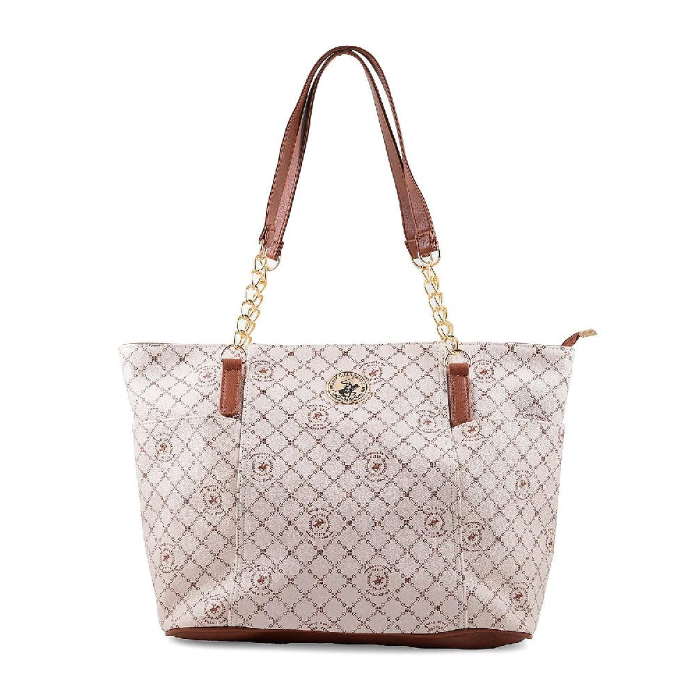 Beverly Hills Polo Club White Logo & Link Pattern Vegan Leather Shoulder Bag
