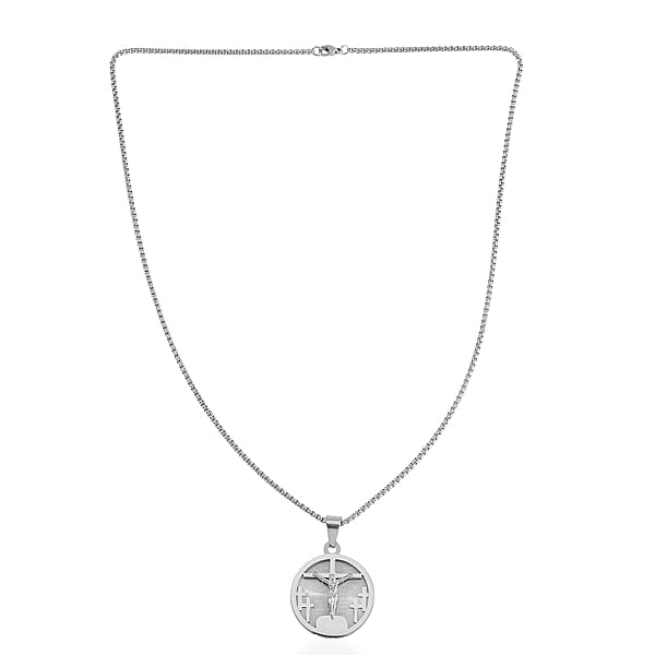 Bible Cross Coin Men's Pendant Necklace 24 Inches In Stainless Steel