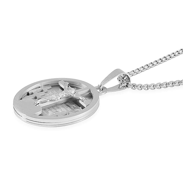 Bible Cross Coin Men's Pendant Necklace 24 Inches In Stainless Steel