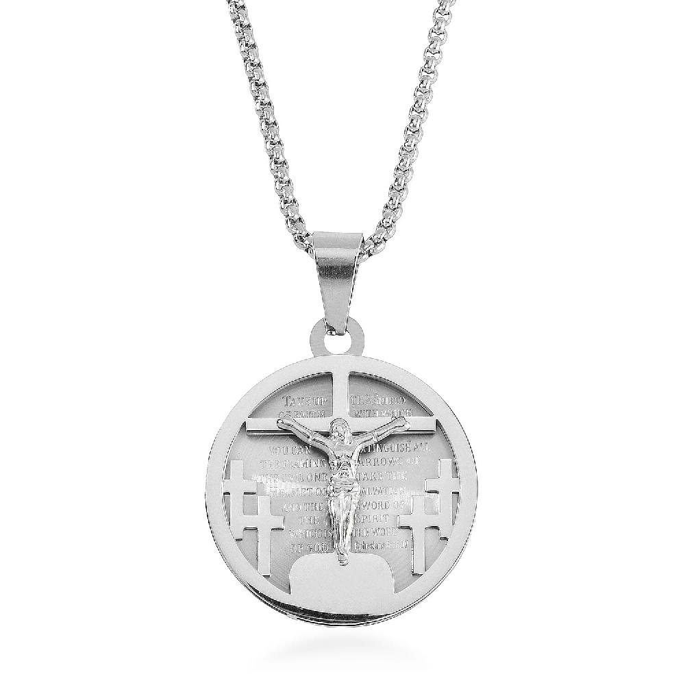 Bible Cross Coin Men's Pendant Necklace 24 Inches in Stainless Steel