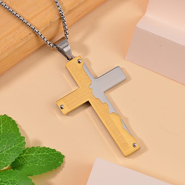 Bible Cross Men's Pendant Necklace 24 Inches In ION Plated YG And Stainless Steel