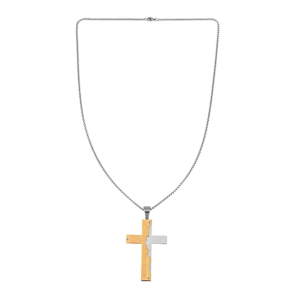 Bible Cross Men's Pendant Necklace 24 Inches In ION Plated YG And Stainless Steel