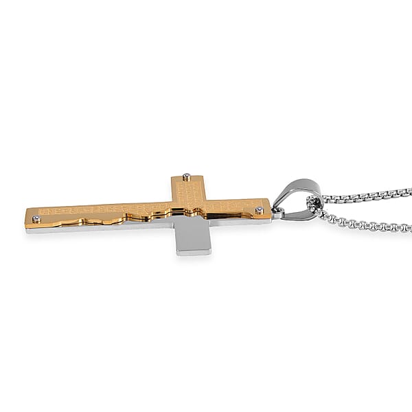 Bible Cross Men's Pendant Necklace 24 Inches In ION Plated YG And Stainless Steel