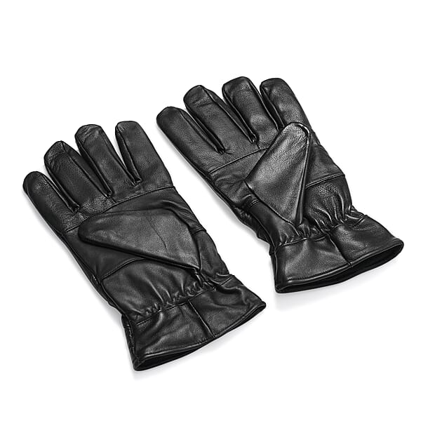 Black 100% Genuine Leather Gloves With Single Zigzag Stitch Shirred Elastic