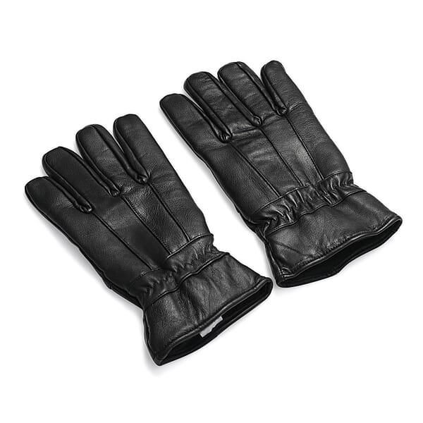 Black 100% Genuine Leather Gloves With Single Zigzag Stitch Shirred Elastic