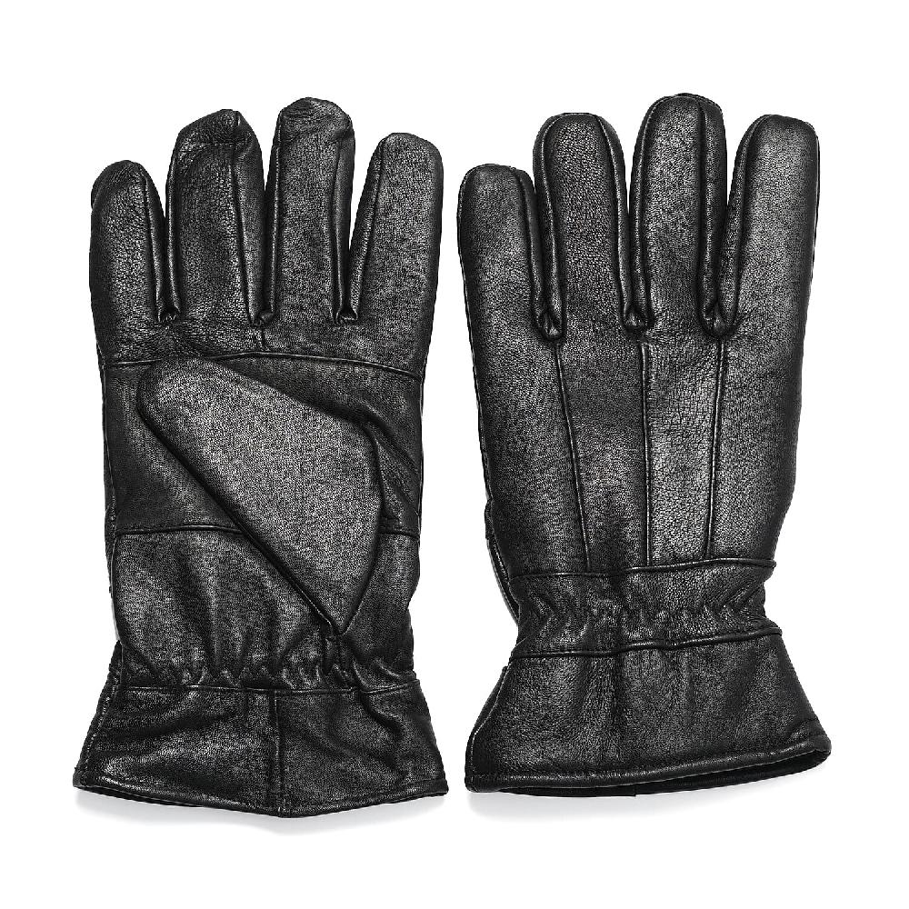 Black 100% Genuine Leather Gloves With Single Zigzag Stitch Shirred Elastic