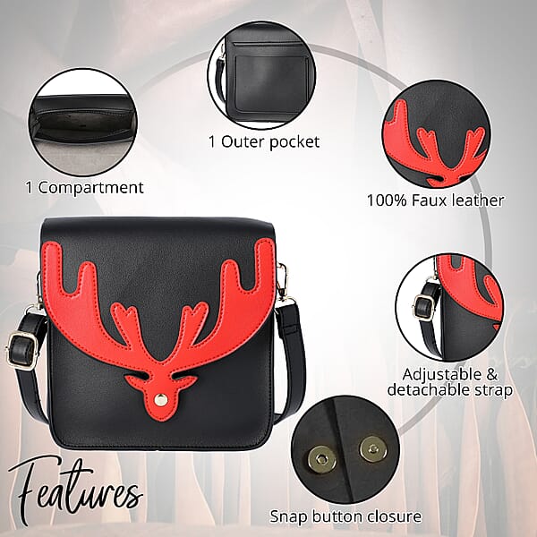 Black And Red Reindeer Antler Crossbody Bag With Detachable Shoulder Strap Faux Leather Crossbody Bag For Women Handbag Perfect Pick For Christmas Party