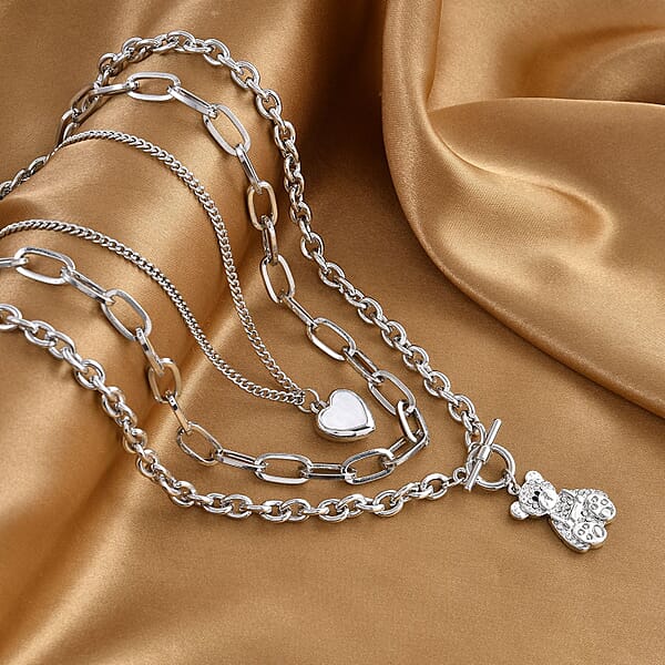 Black And White Austrian Crystal Three Layer Necklace With Heart And Teddy Bear Charm 20.5-22.5 Inches In Silvertone