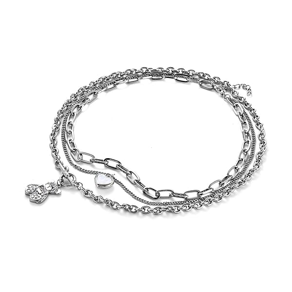 Black And White Austrian Crystal Three Layer Necklace With Heart And Teddy Bear Charm 20.5-22.5 Inches In Silvertone