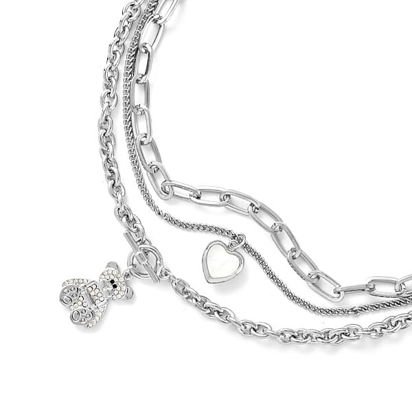 Black And White Austrian Crystal Three Layer Necklace With Heart And Teddy Bear Charm 20.5-22.5 Inches In Silvertone