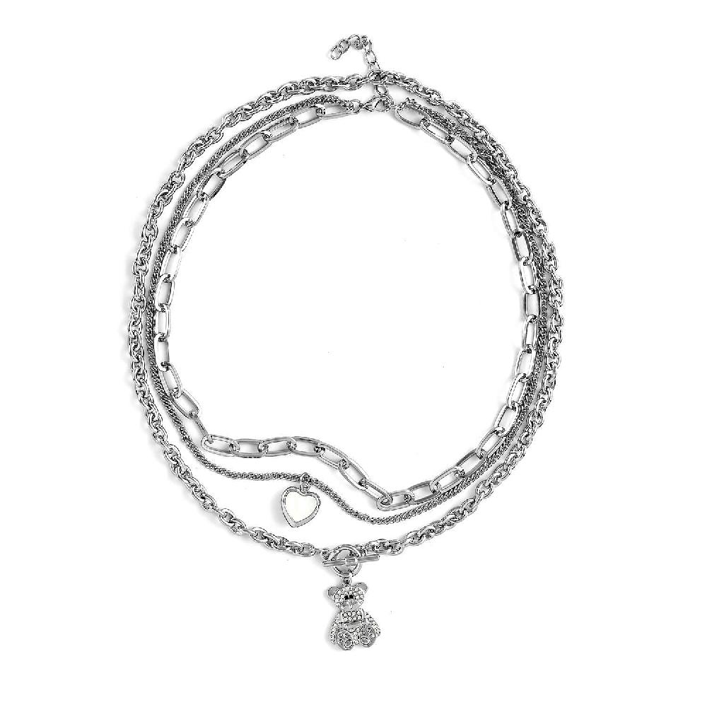 Black and White Austrian Crystal Three Layer Necklace with Heart and Teddy Bear Charm 20.5-22.5 Inches in Silvertone