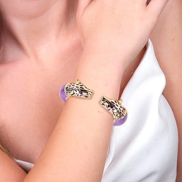 Black Austrian Crystal And Purple Enameled Bangle Bracelet In Goldtone (6.50 In)