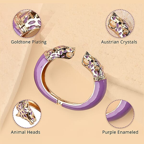 Black Austrian Crystal And Purple Enameled Bangle Bracelet In Goldtone (6.50 In)