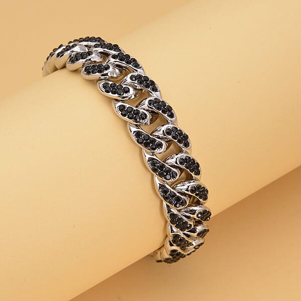 Black Austrian Crystal Curb Link Chain Bracelet In Silvertone (7.50-9.50In)
