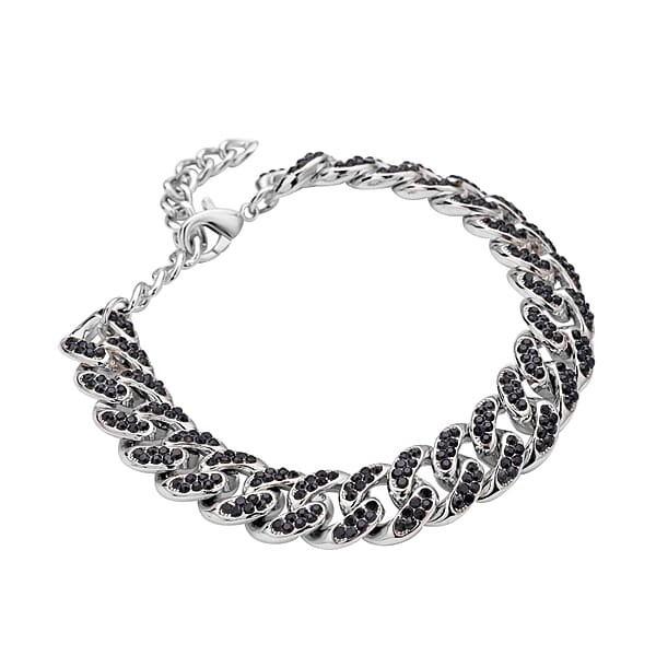 Black Austrian Crystal Curb Link Chain Bracelet In Silvertone (7.50-9.50In)