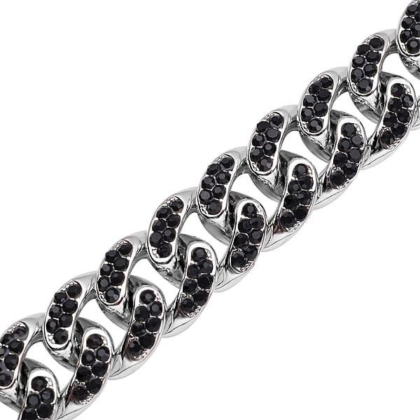 Black Austrian Crystal Curb Link Chain Bracelet In Silvertone (7.50-9.50In)