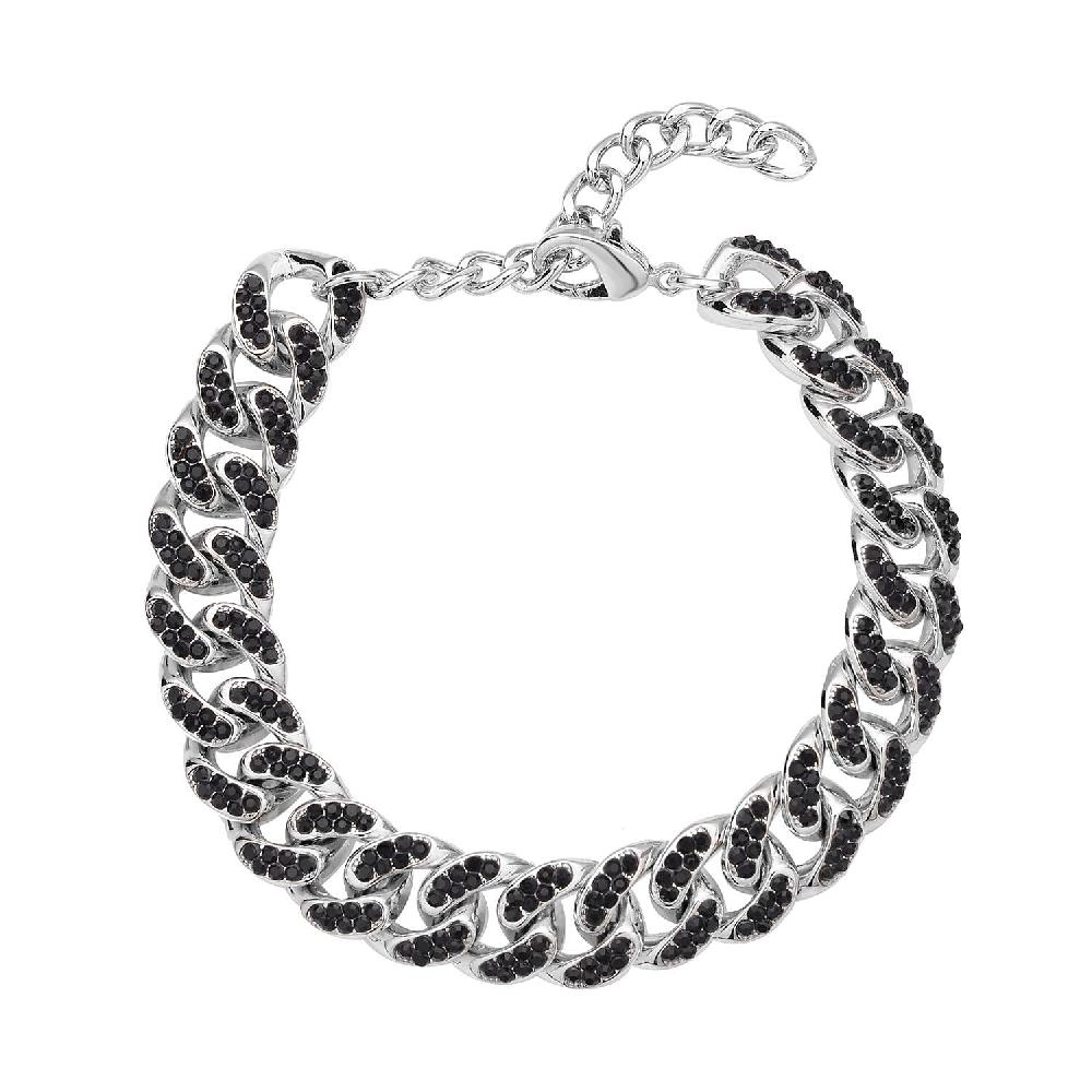 Black Austrian Crystal Curb Link Chain Bracelet in Silvertone (7.50-9.50In)