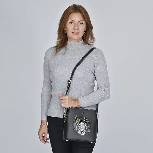 Black Deer Handprinted With Embossed Pattern Genuine Leather Tote Bag For Women Purses Satchel Purse Shoulder Handbag