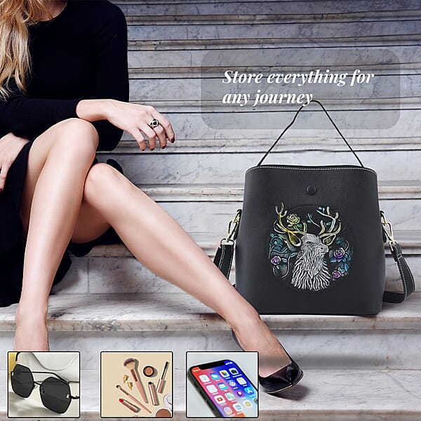 Black Deer Handprinted With Embossed Pattern Genuine Leather Tote Bag For Women Purses Satchel Purse Shoulder Handbag