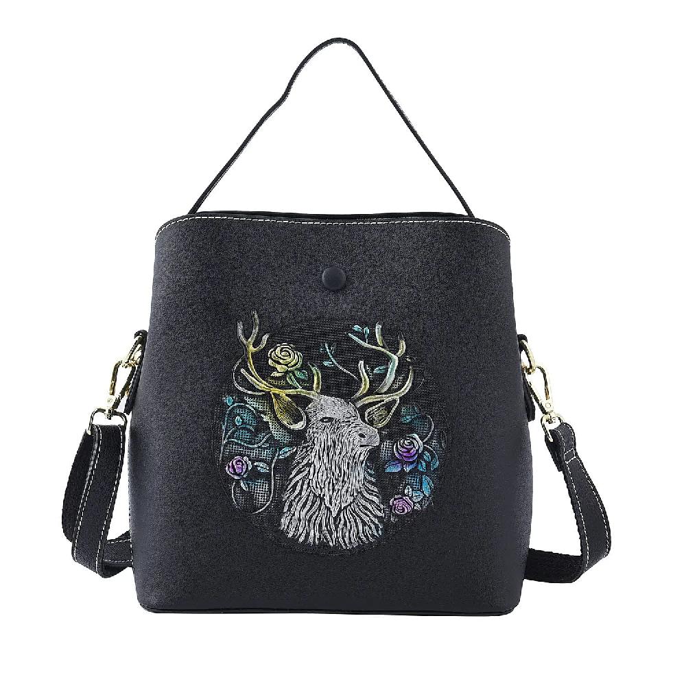 Black Deer Handprinted with Embossed Pattern Genuine Leather Tote Bag for Women Purses Satchel Purse Shoulder Handbag