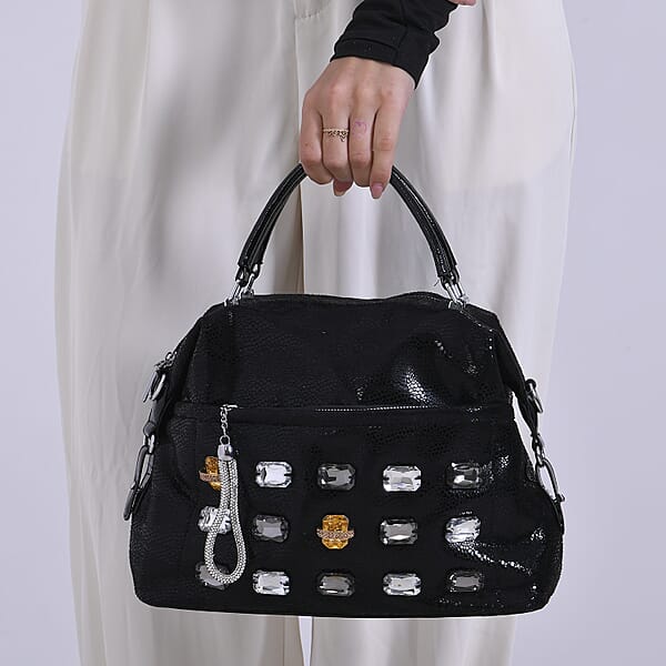Black Faux Leather Crossbody Bag (11.8x4.92x8.66) With Rhinestone And Shoulder Strap