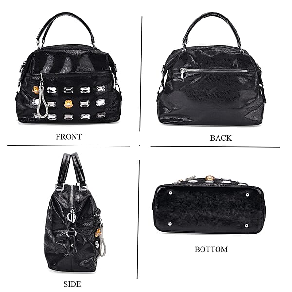 Black Faux Leather Crossbody Bag (11.8x4.92x8.66) With Rhinestone And Shoulder Strap