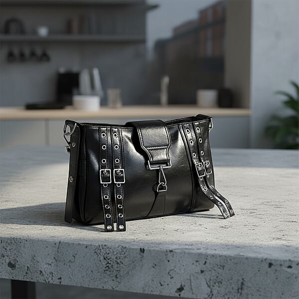 Black Faux Leather Punk Crossbody Bag With Shoulder Strap
