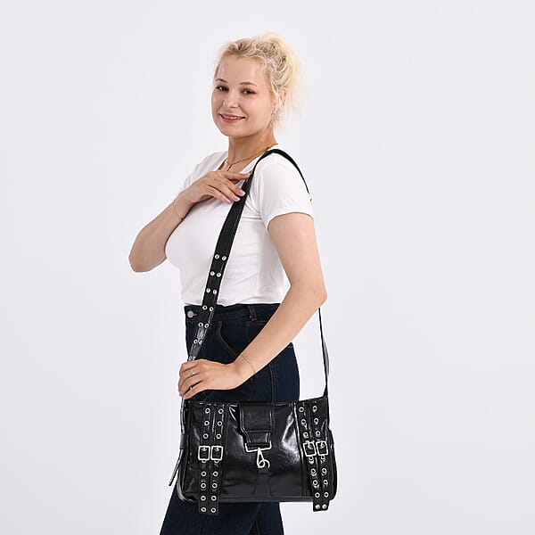 Black Faux Leather Punk Crossbody Bag With Shoulder Strap