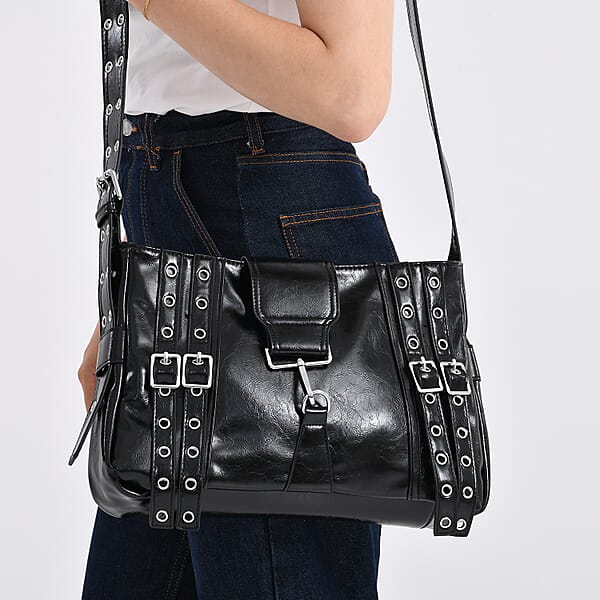 Black Faux Leather Punk Crossbody Bag With Shoulder Strap