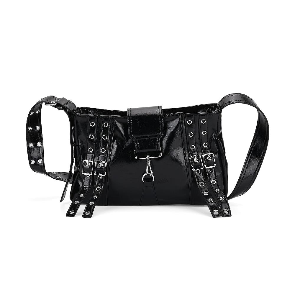 Black Faux Leather Punk Crossbody Bag with Shoulder Strap