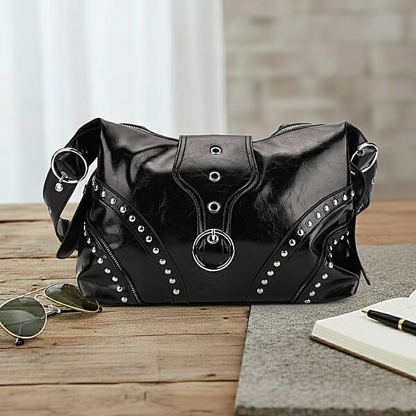 Black Faux Leather Stylish Riveted Hobo Bag With Shoulder Strap