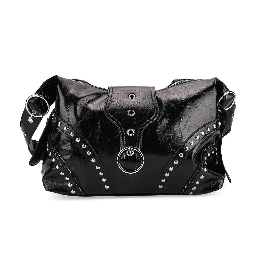 Black Faux Leather Stylish Riveted Hobo Bag with Shoulder Strap