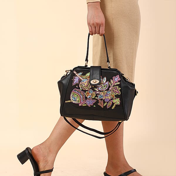 Black Genuine Leather Floral Embroidery Embellishment Handbag With Top Handle And Shoulder Strap